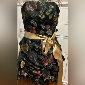 Jessica McClintock Black Floral Bubble Hem Dress with Gold Sash